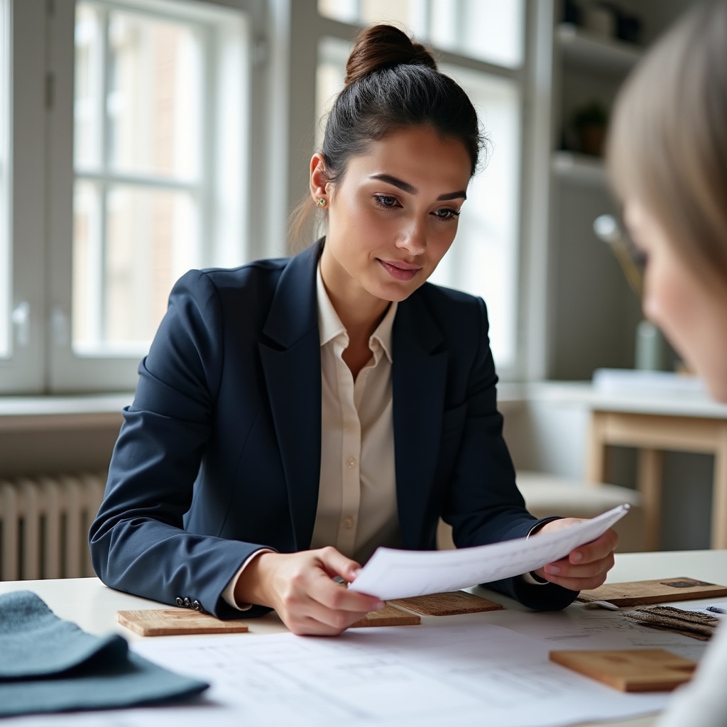 İç mekan tasarımcısı materyal örneklerini inceliyor