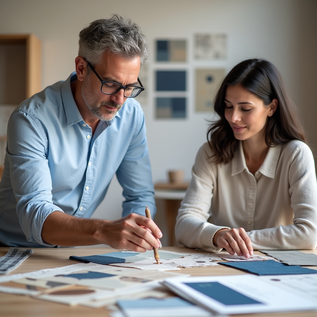 İç mekan tasarımcısı müşterisiyle konsültasyon yapıyor